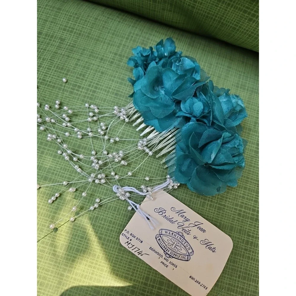 Vintage Hair Comb Teal Flowers Pearls‎ Spray Headpiece Formal Wedding Y2K